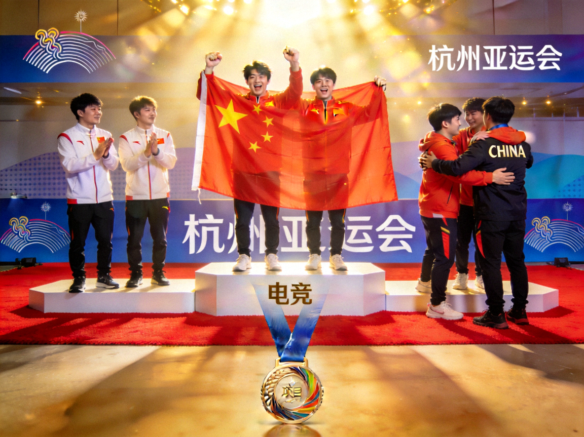 中国电竞国家队队员身披国旗站在亚运会领奖台上庆祝夺冠